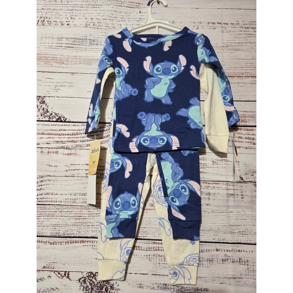 Disney Stitch 4-Piece Pajama Set Baby Boys 18M Navy Cream Cotton Snug Fit NWT